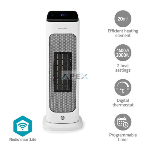 SmartLife kerámia PTC ventilátorfűtő | Wi-Fi | 2000 W | 2 Hőbeállítások | Oszcilláló | Kijelző | 10 - 49 °C | Android™ / IOS | Fehér